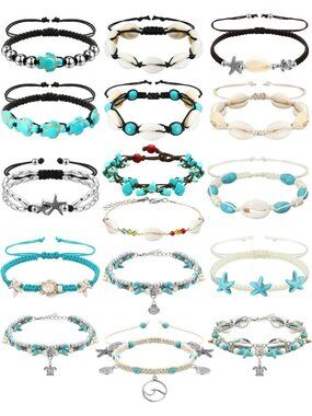 Handmade 16 Pcs Sea Boho Ankle Bracelets, Starfish & Shell Jewelry for Summer